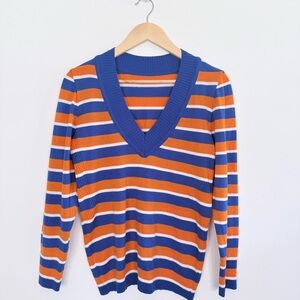 Retro Striped V-Neck Sweater Orange Blue Vibrant Bold Vintage Lightweight Size M